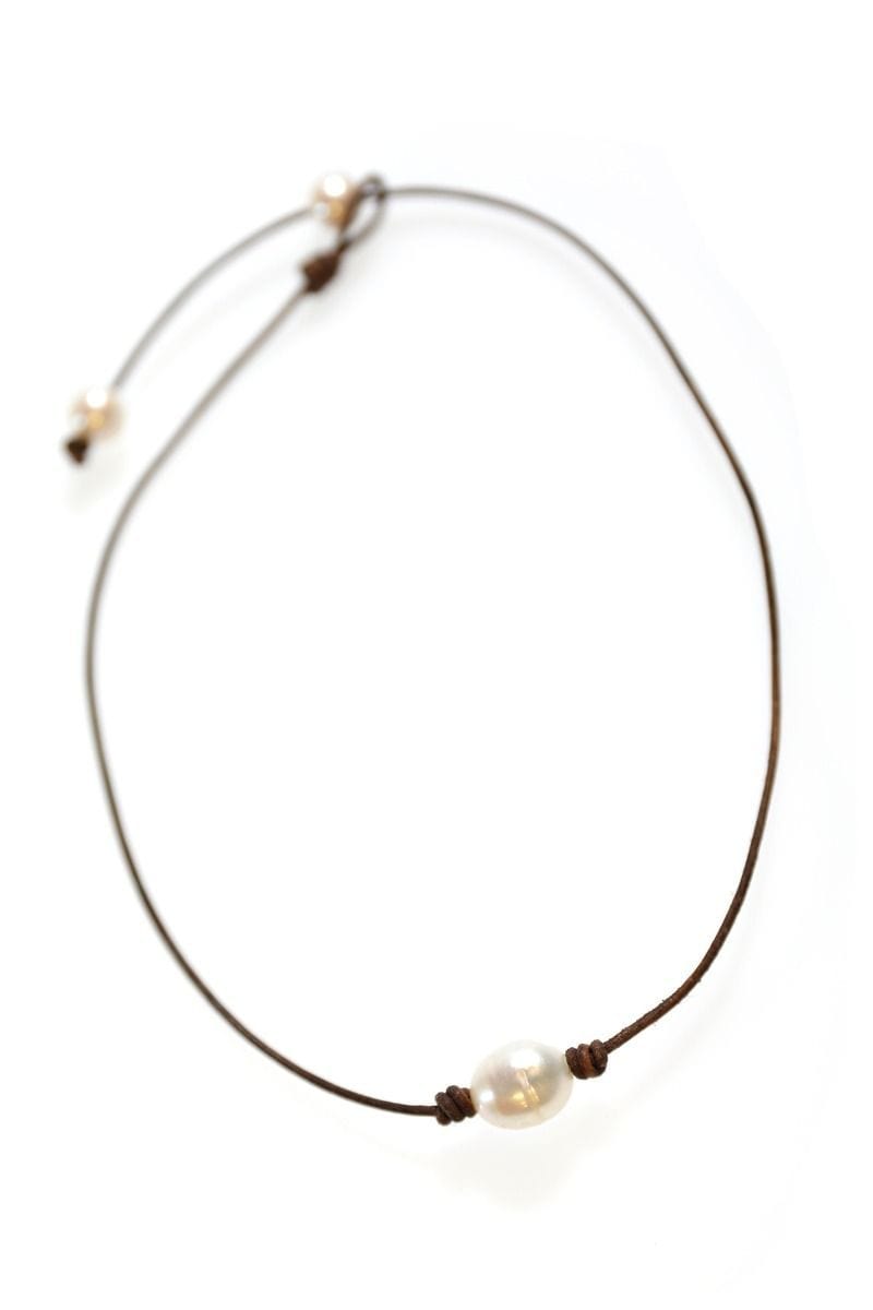 Single Pearl Leather Cord Necklace