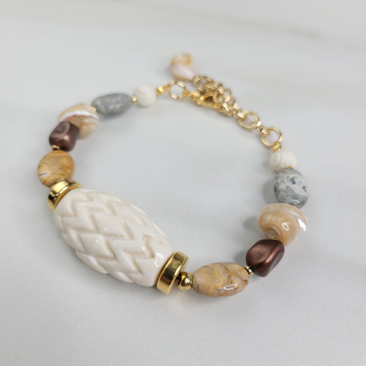 Solstice Handmade Bracelet with Unique Vintage, Caramel Mother of Pearl, and Sky Eye Jasper Beads