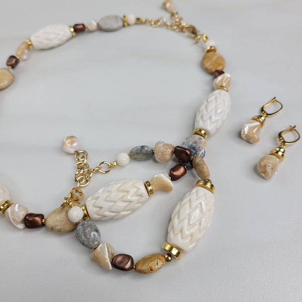 Solstice Handmade Bracelet with Unique Vintage, Caramel Mother of Pearl, and Sky Eye Jasper Beads