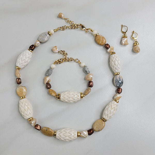 Solstice Handmade Necklace with Unique Vintage, Caramel Mother of Pearl, and Sky Eye Jasper Beads