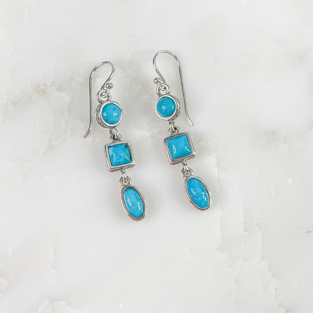 Sterling Silver and Turquoise Circle, Square, Oval Earrings