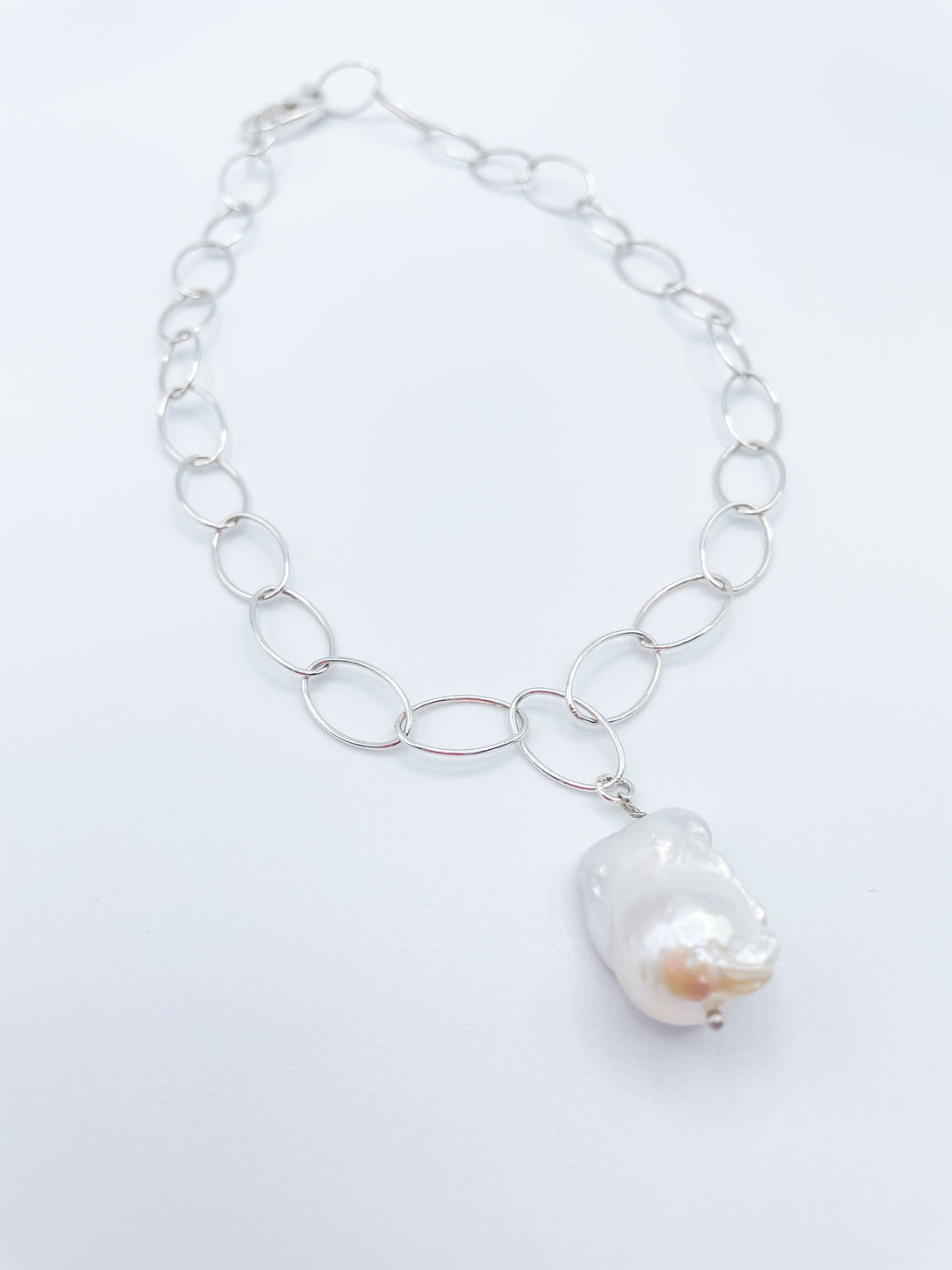 Sterling Silver Necklace with Striking Oval Chain and Large Baroque Freshwater Pearl