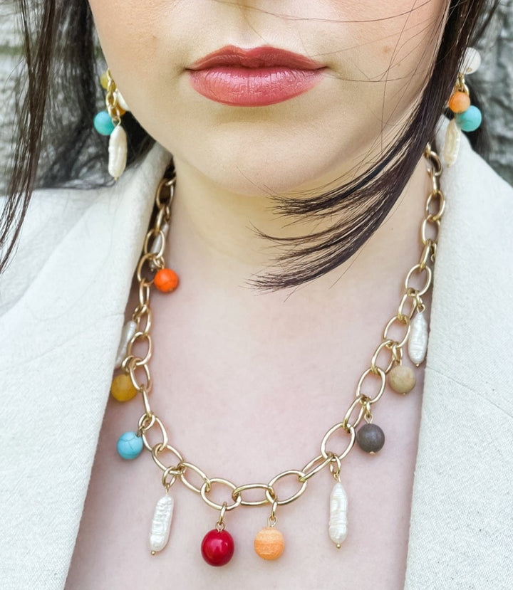 Sylvie Gabrielli Eye Candy Chain Necklace with Genuine Stone Beads and Freshwater Pearls