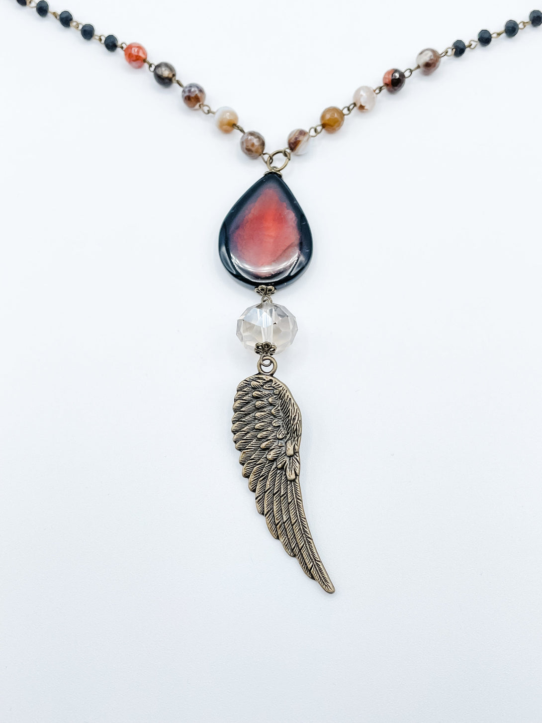 Take Flight Necklace with Wing, Crystal and Teardrop Pendants