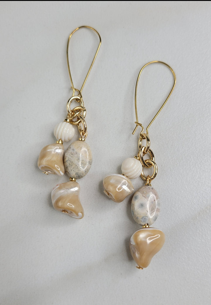 Tallulah Dangle Earrings with Caramel Mother of Pearl Beads, Sky Eye Jasper and Vintage Beads