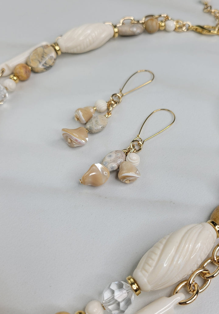 Tallulah Dangle Earrings with Caramel Mother of Pearl Beads, Sky Eye Jasper and Vintage Beads
