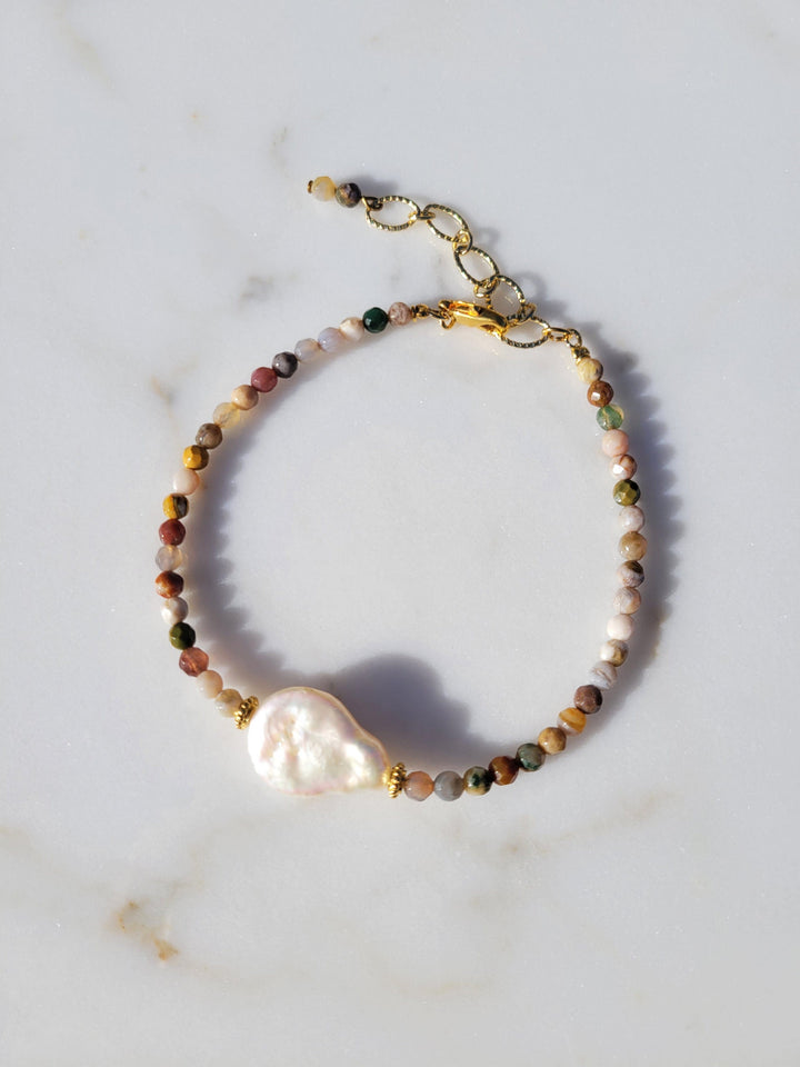 Handmade Jasper Stone Bead and Baroque Freshwater Pearl Bracelet