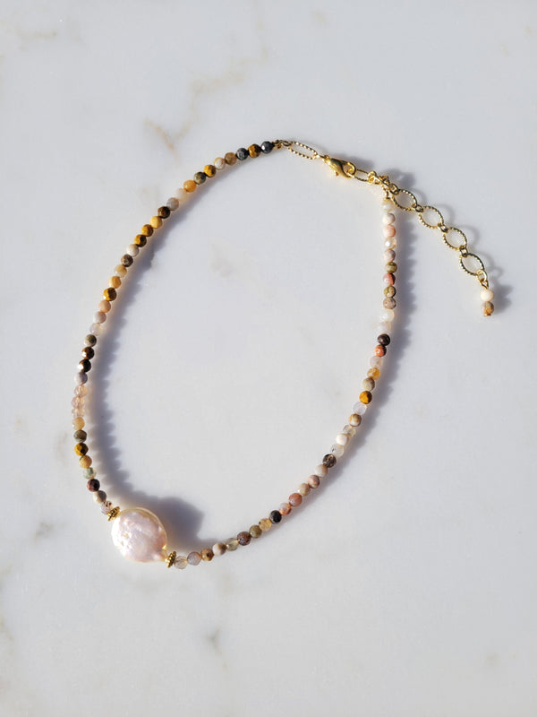 Handmade Jasper Stone Bead and Baroque Freshwater Pearl Necklace