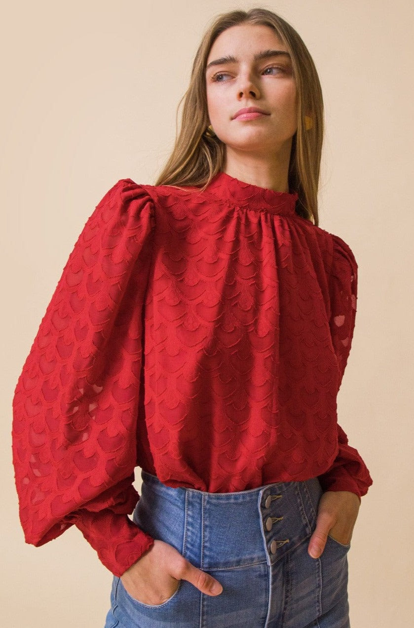 Textured Woven Top with High Neckline, Long Puff Sleeves, and Relaxed Body