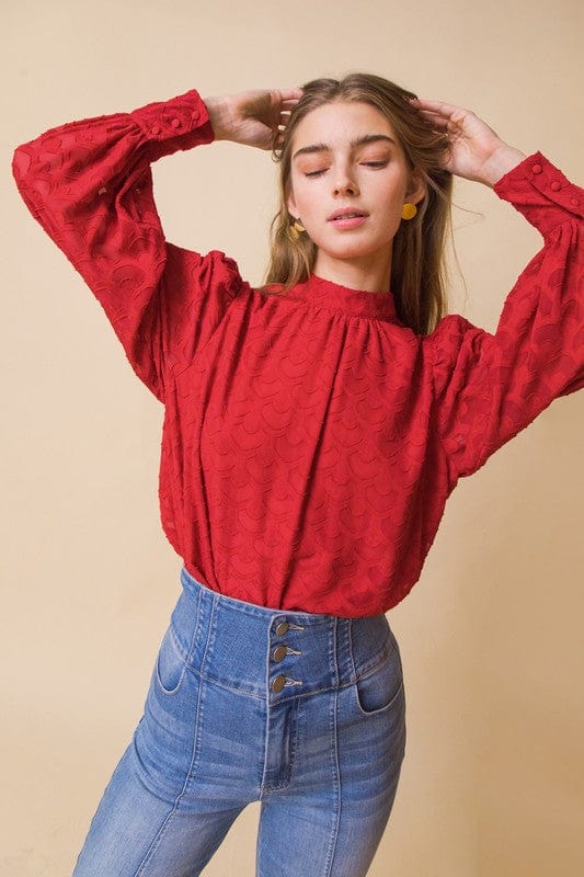 Textured Woven Top with High Neckline, Long Puff Sleeves, and Relaxed Body