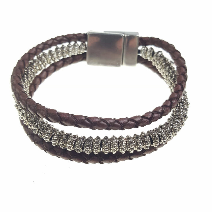 Three Strand Leather and Silver Bead Bracelet