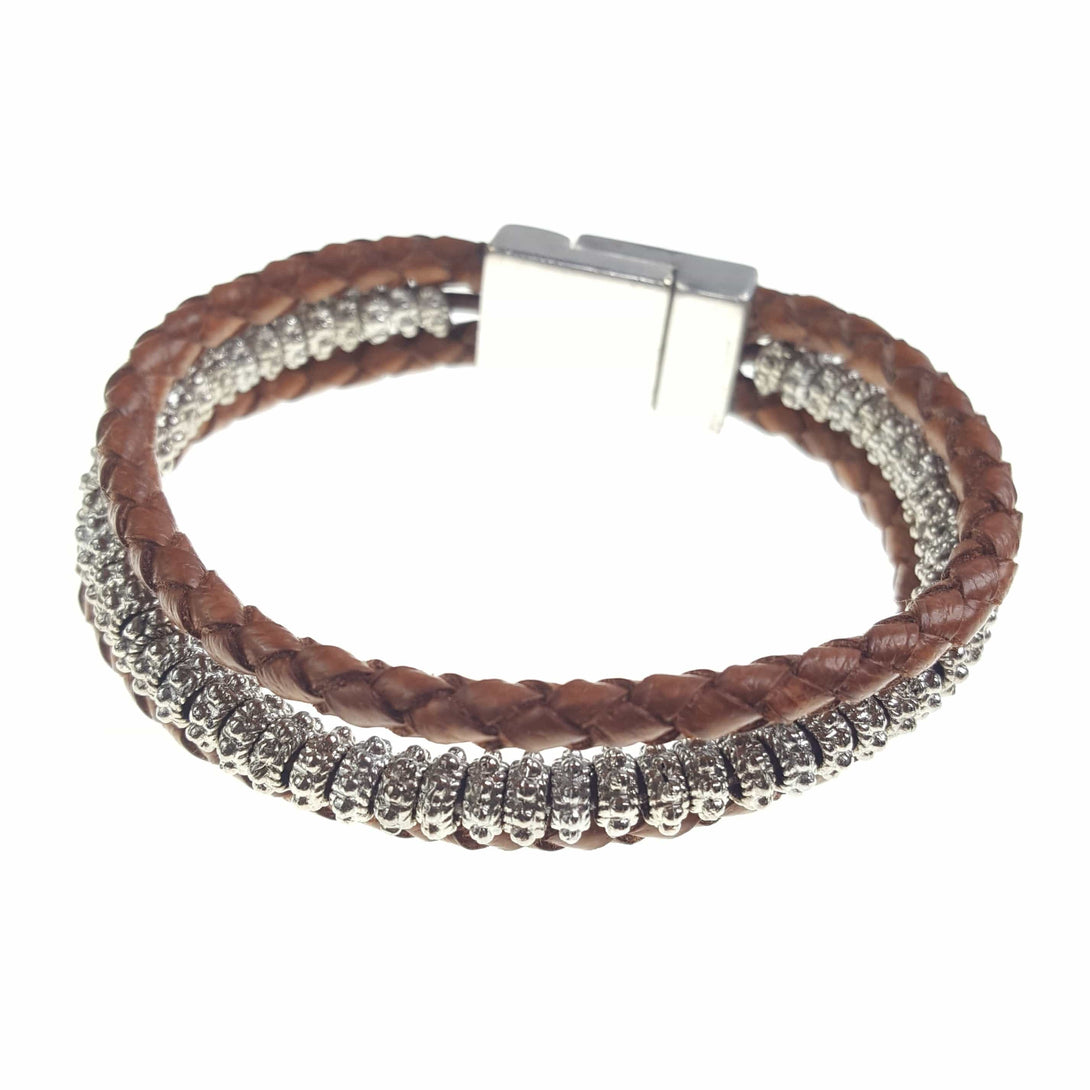 Three Strand Leather and Silver Bead Bracelet