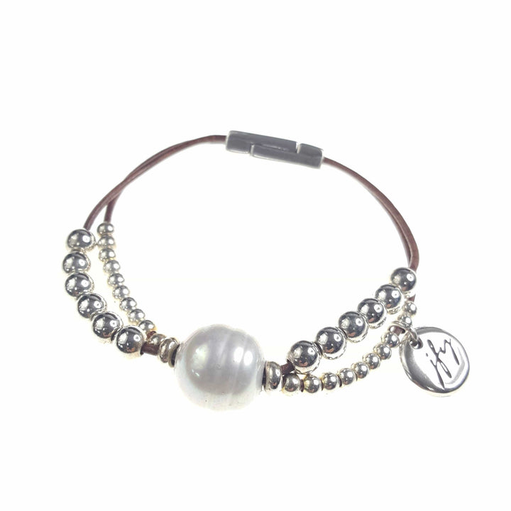 Two Strand Leather and Bead Bracelet with Large Pearl