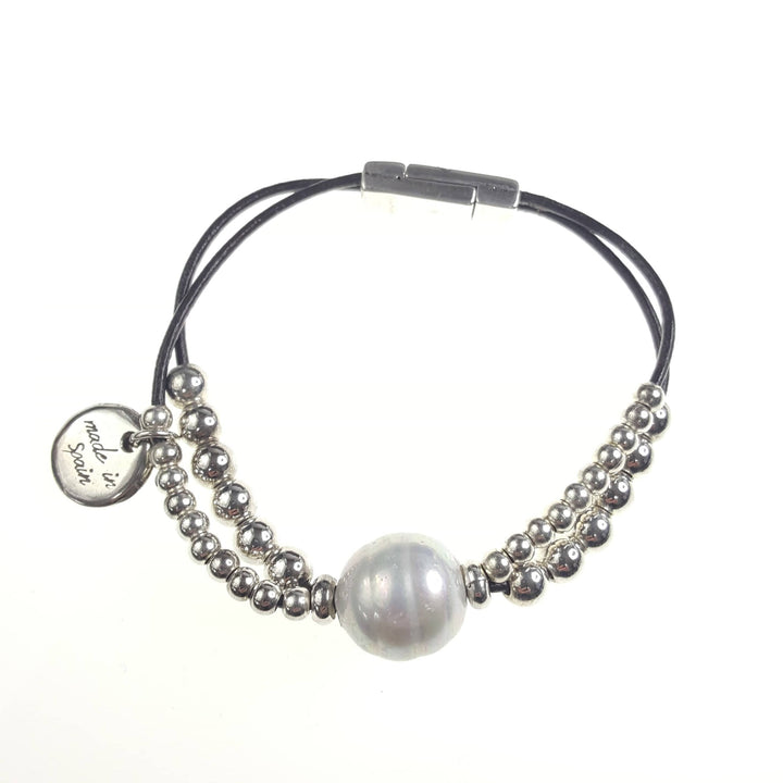 Two Strand Leather and Bead Bracelet with Large Pearl