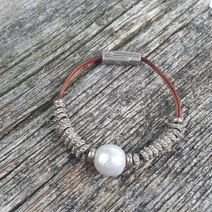 Two Strand Leather Bracelet with Silver Beads and Large Pearl