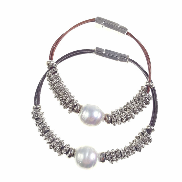 Two Strand Leather Bracelet with Silver Beads and Large Pearl
