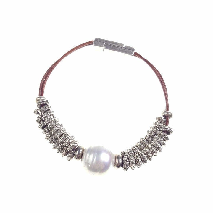 Two Strand Leather Bracelet with Silver Beads and Large Pearl