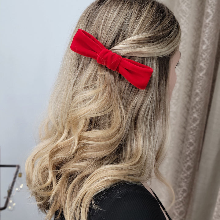 Vintage Crimson Velvet Bow Hair Barrette
