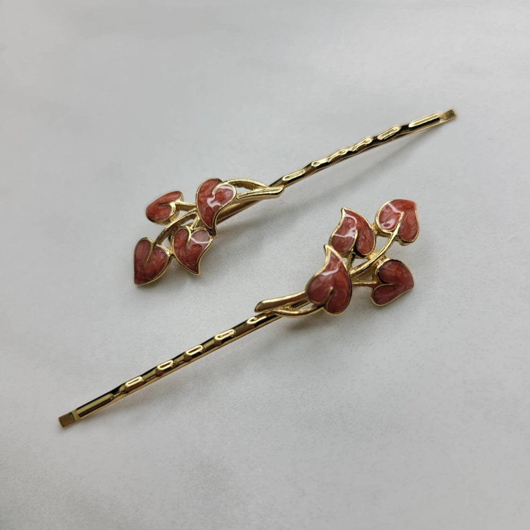Vintage Enamel Leaf Bobby Pins (Set of Two)