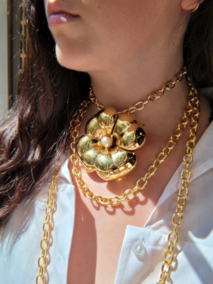 Handmade Gold Chain Necklace with Vintage Italian Dogwood Pendant