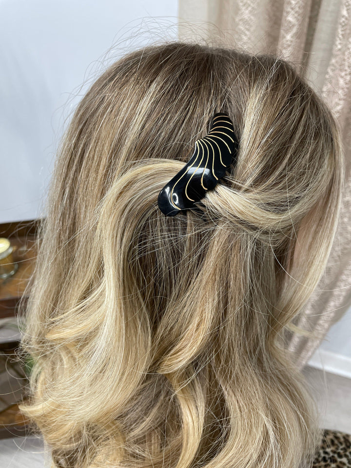 Vintage French Curved Seashell Hair Comb with Gold Trim