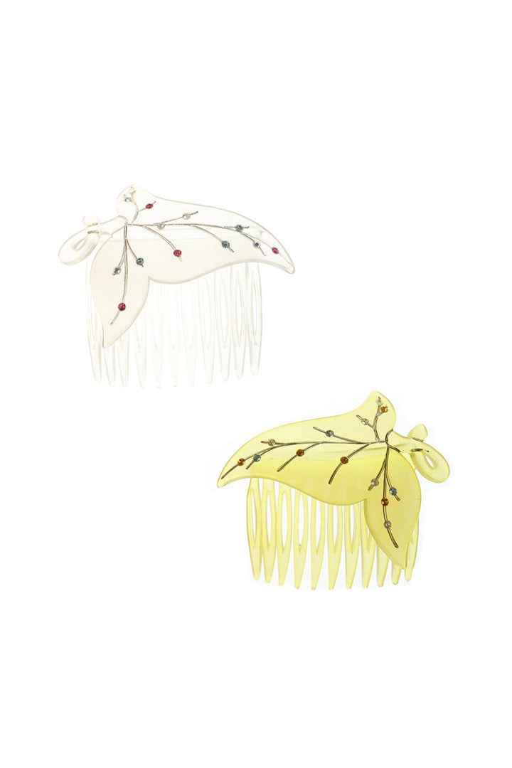 Vintage French Leaf Hair Comb with Multi-Color Rhinestones