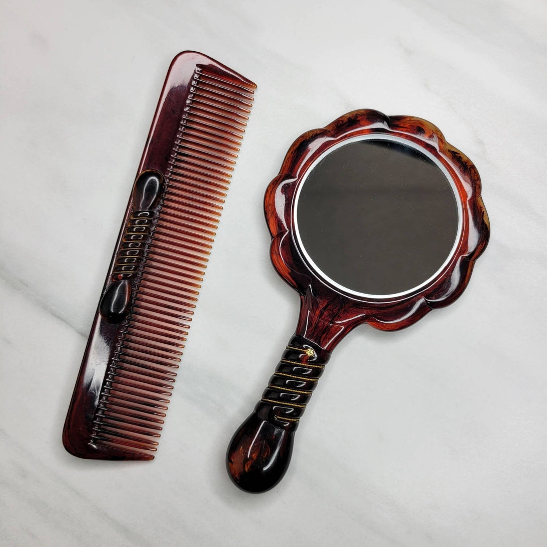 Vintage Italian Bakelite Handheld Mirror and Comb Set