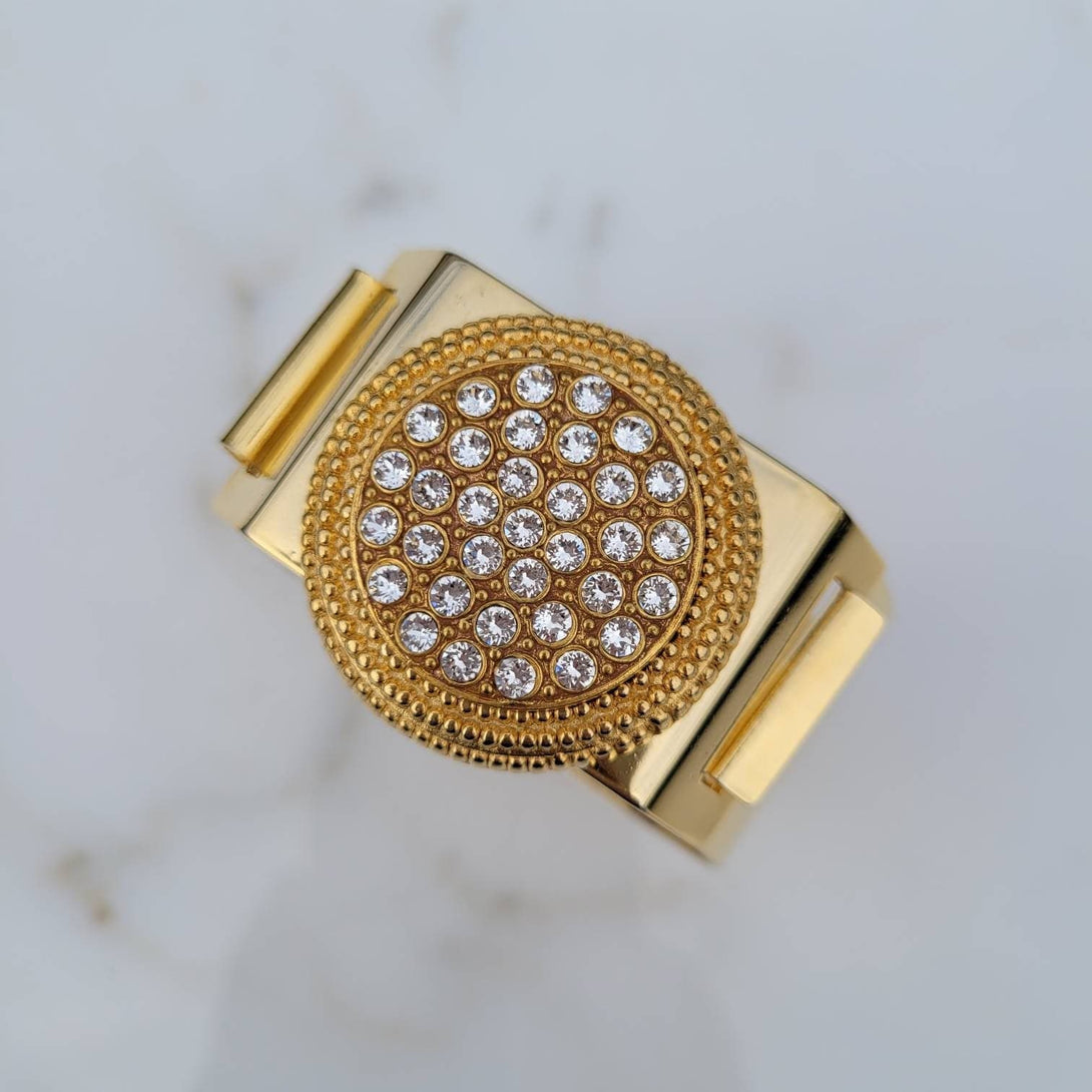 Vintage Italian Swarovski Crystals Flat Top Plated Brass Cuff Bracelet