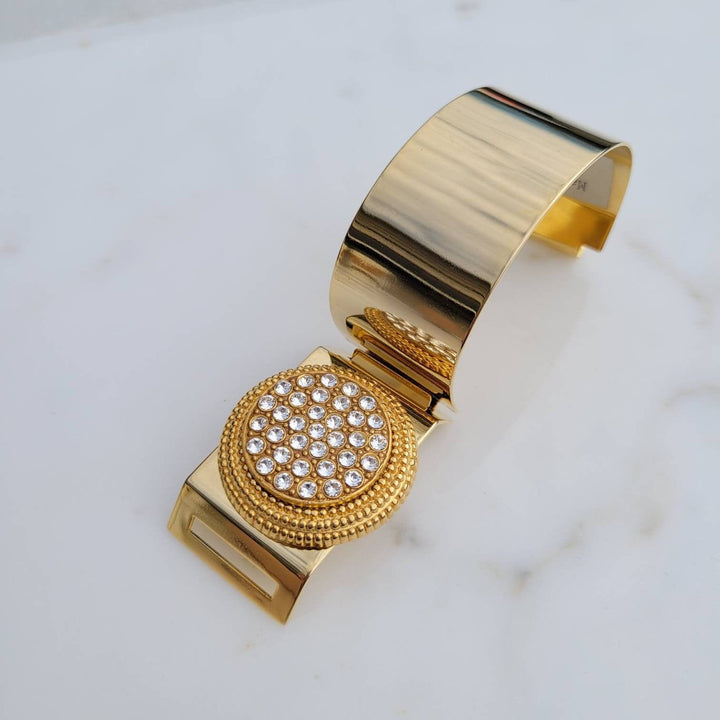 Vintage Italian Swarovski Crystals Flat Top Plated Brass Cuff Bracelet