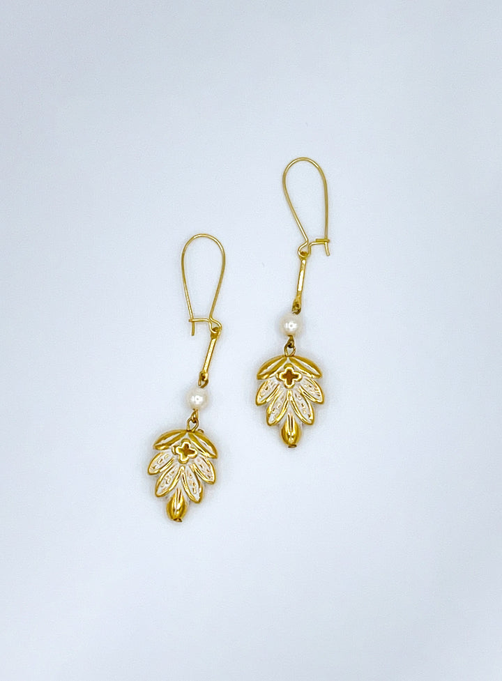Vintage Long Dangle Earrings with Botanical Leaf Charm and Pearl
