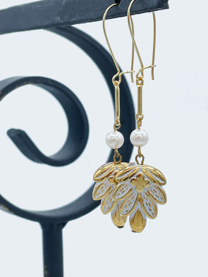 Vintage Long Dangle Earrings with Botanical Leaf Charm and Pearl