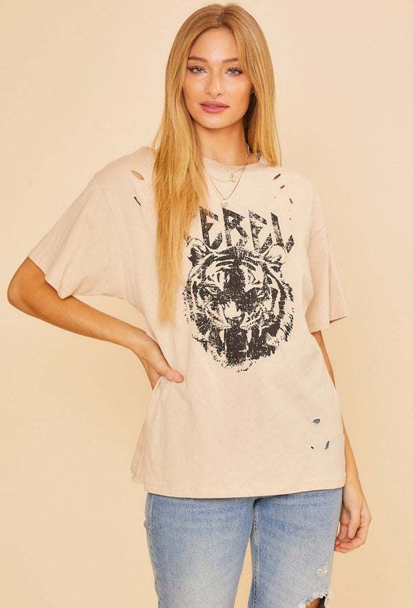 Vintage Oversized T-Shirt with "Rebel" and Tiger Graphic