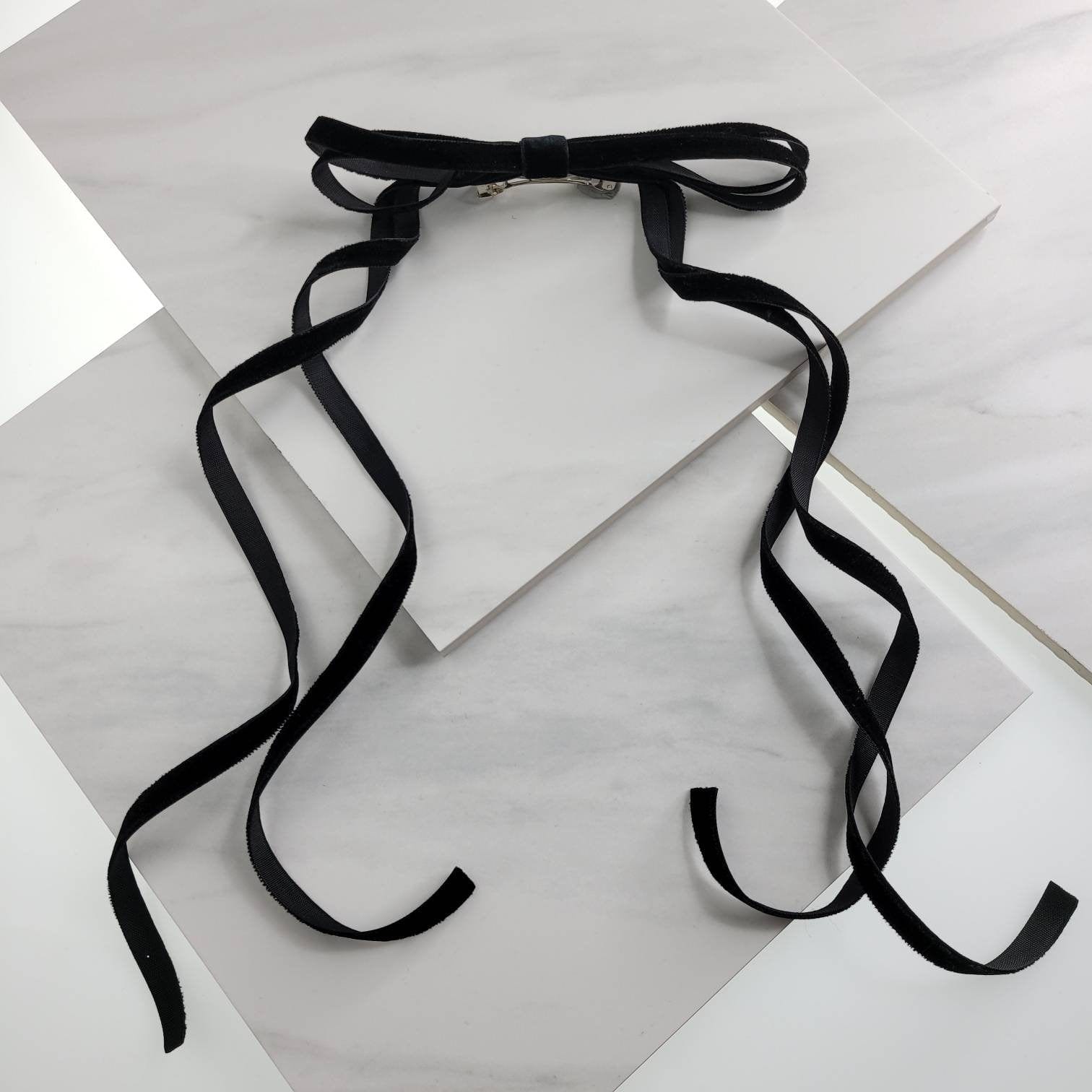 jfybrand Vintage Thin Velvet Ribbon Bow Hair Barrette Onyx / One Size