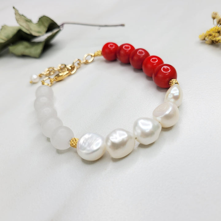 Vivace Bracelet - Handmade with Vintage Red Beads and Freshwater Pearls