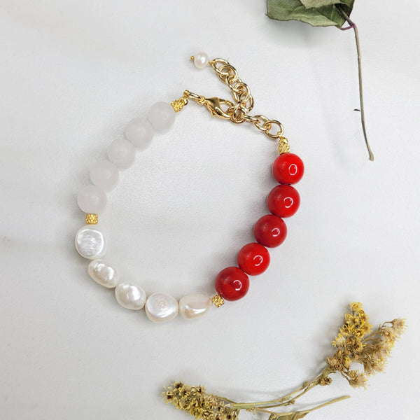 Handmade Bracelet with Vintage Red Beads, Freshwater Pearls, and Frosted Quartz Beads