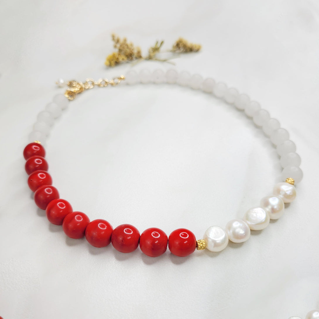 Handmade Necklace with vintage red beads, freshwater pearls, and quartz beads