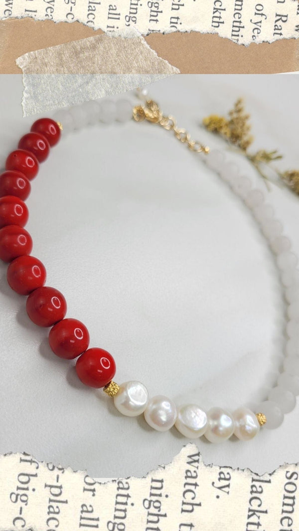 Vivace Handmade Necklace with Freshwater Pearls, Frosted Quartz and Vintage Red Beads