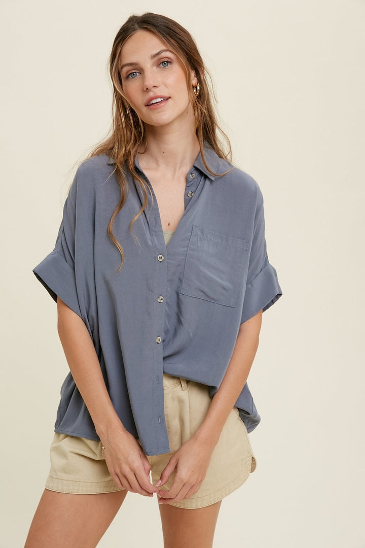 Wishlist Button Up Top with Cuffed Sleeve