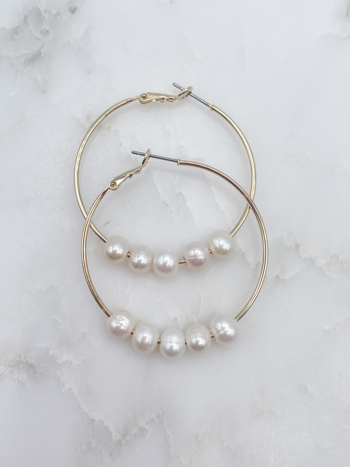 Women's 1 5/8" Hoop Earrings with Five Small Freshwater Pearls