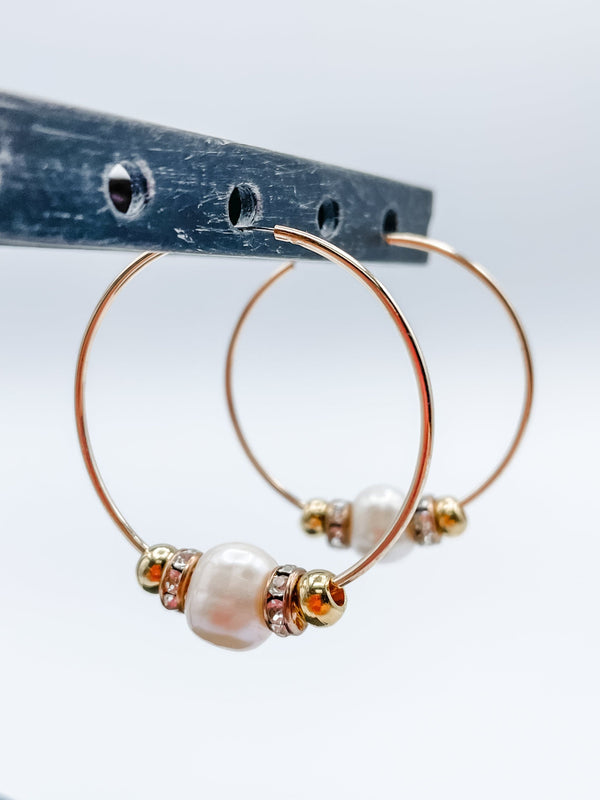 Women's 1.5" Hoop Earrings with Freshwater Pearls and Accent Beads with Crystals