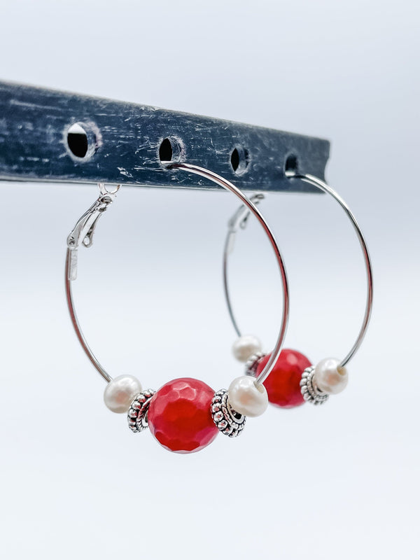 Women's 1.5" Hoop Earrings with Freshwater Pearls and Large Accent Bead