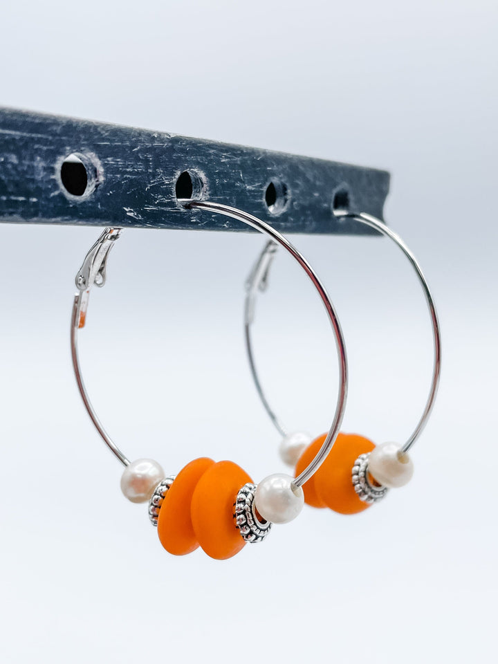 Women's 1.5" Hoop Earrings with Freshwater Pearls and Orange Beads in Gold or Silver