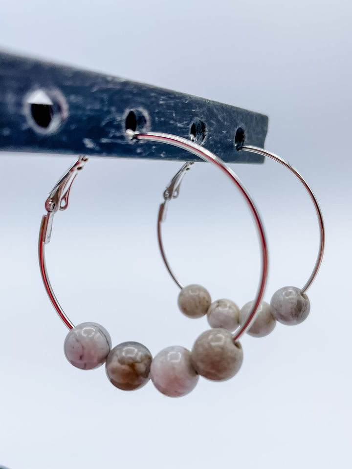 Women's 1.5" Hoop Earrings with Small Genuine Jasper Stone Beads on Gold or Silver Hoops