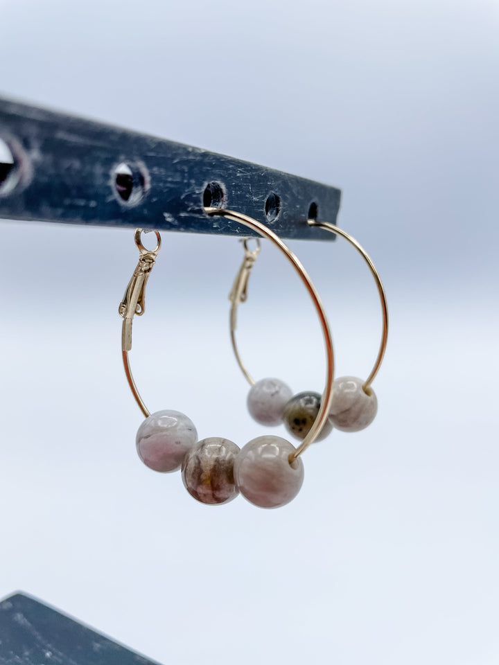 Women's 1.5" Hoop Earrings with Three Genuine Stones Choose Agate, Amazonite, Howlite or Jasper