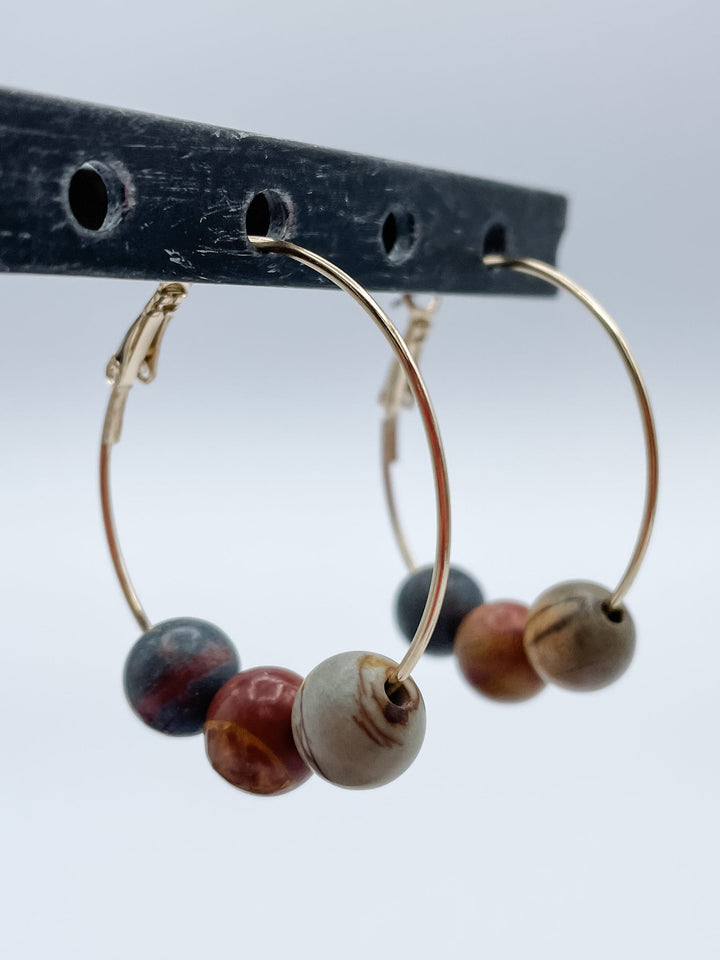 Women's 1.5" Hoop Earrings with Three Genuine Stones Choose Agate, Amazonite, Howlite or Jasper