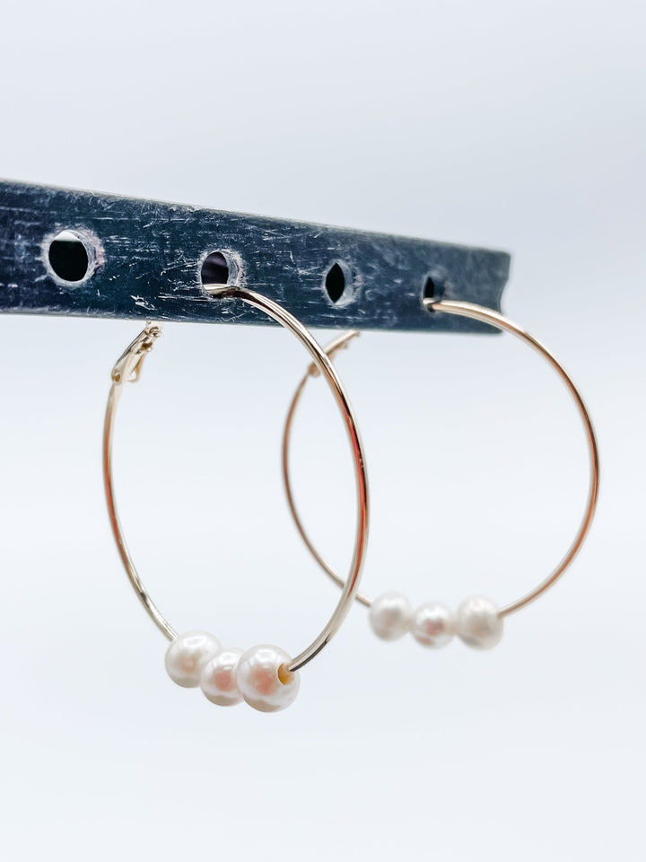 Women's 1 .5" Hoop Earrings with Three Small Freshwater Pearls