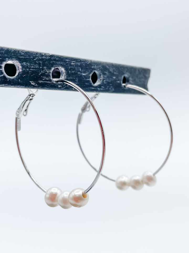 Women's 1 .5" Hoop Earrings with Three Small Freshwater Pearls