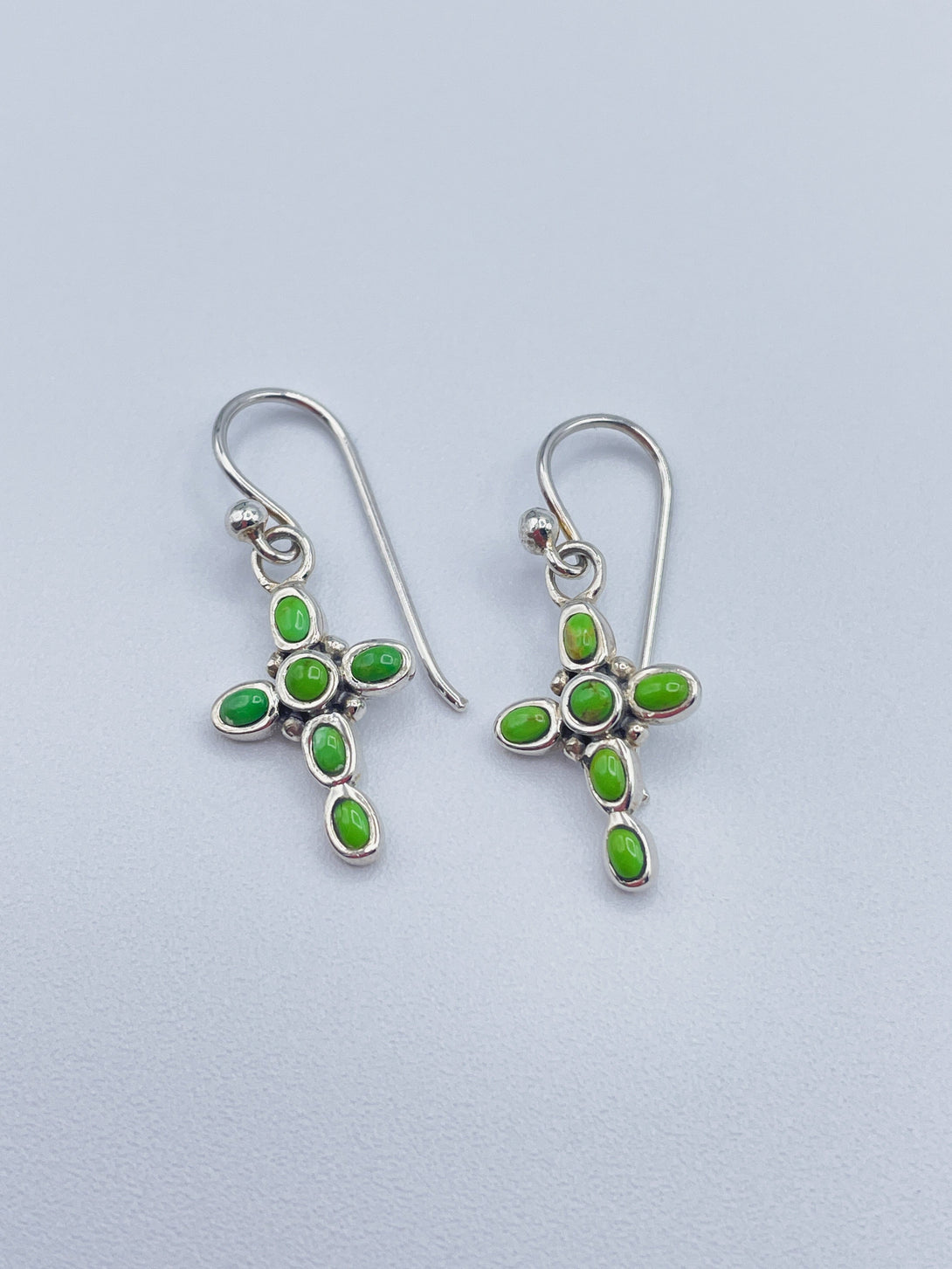 Women's Cross Earrings Made with Green Turquoise and Sterling Silver