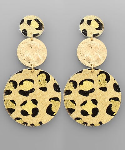Women's Leopard Double Disk Leather Earrings in Beige, Grey, or Pink