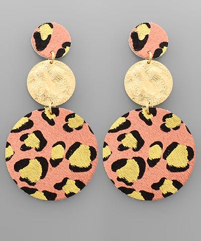 Women's Leopard Double Disk Leather Earrings in Beige, Grey, or Pink